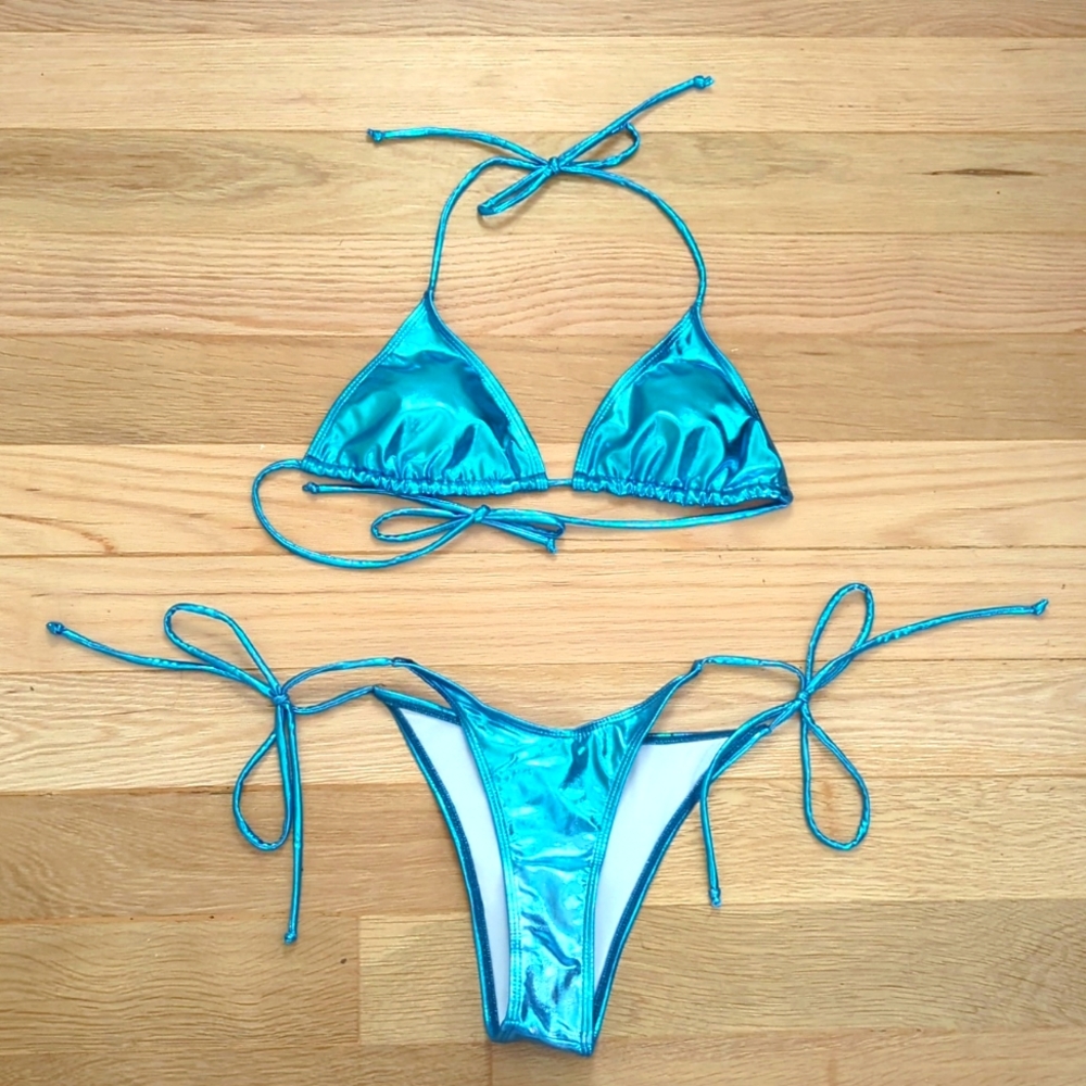 Neon Turquoise Metallic Bikini- Retro Shiny, triangle top, side tie thong bottom